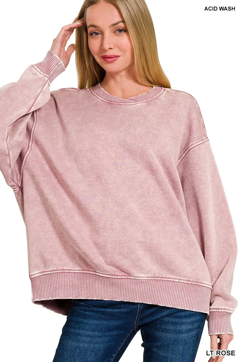 Acid Wash Oversized Fleece Pullover | ZENANA - Final Sale