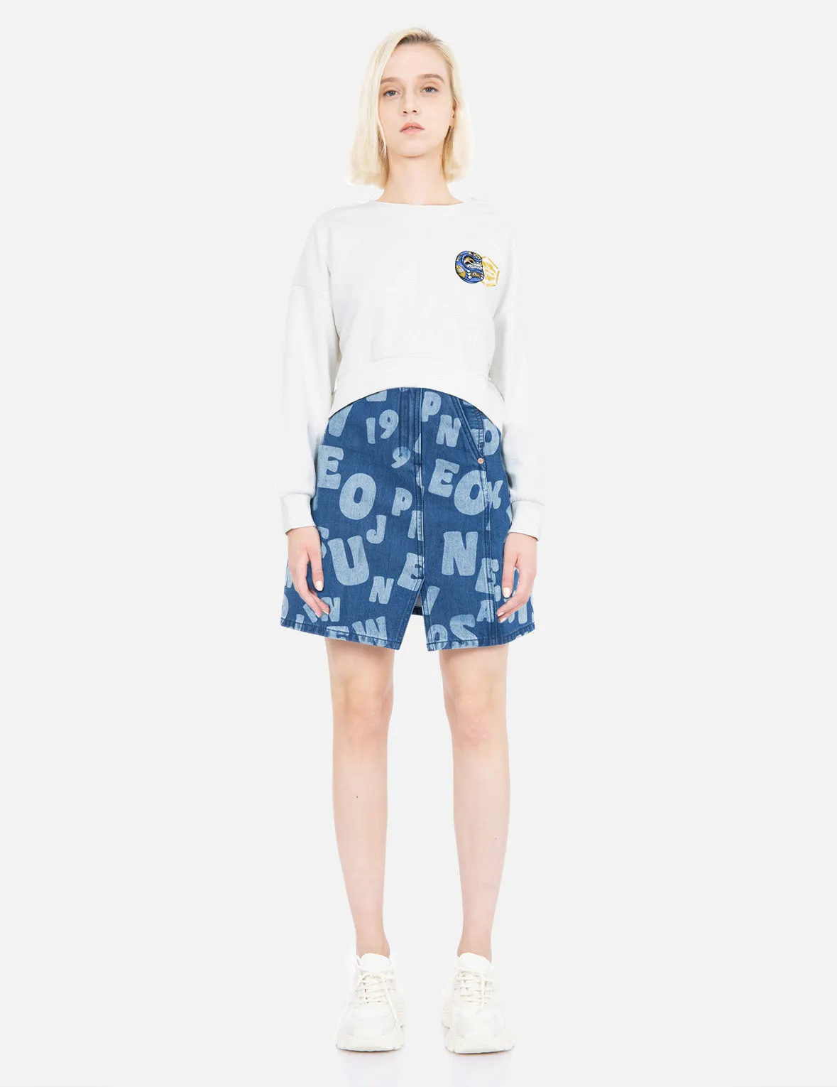 Allover Text Discharge Print Denim Skirt