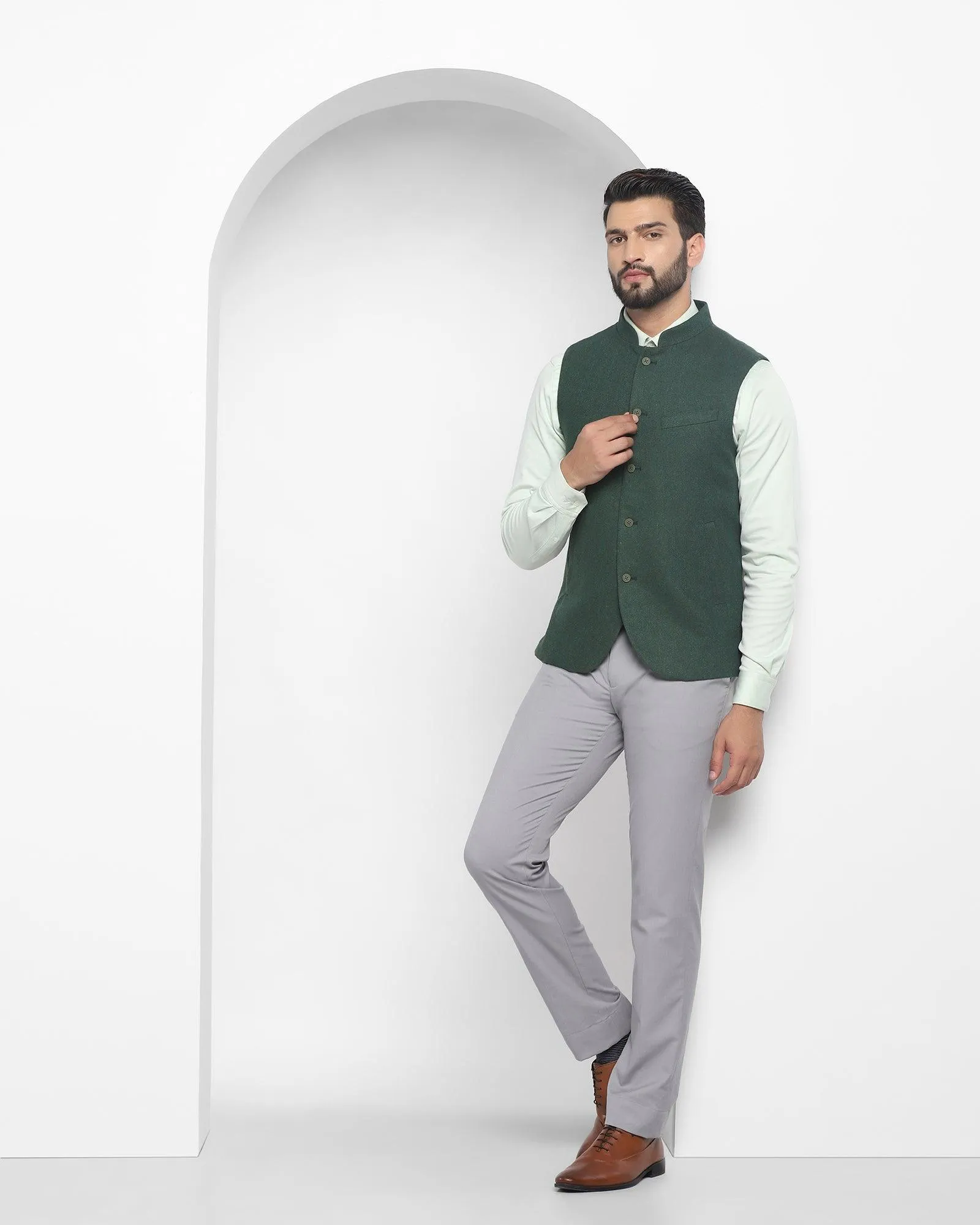 Dark Green Textured Bandhgala Casual Waistcoat - Hades