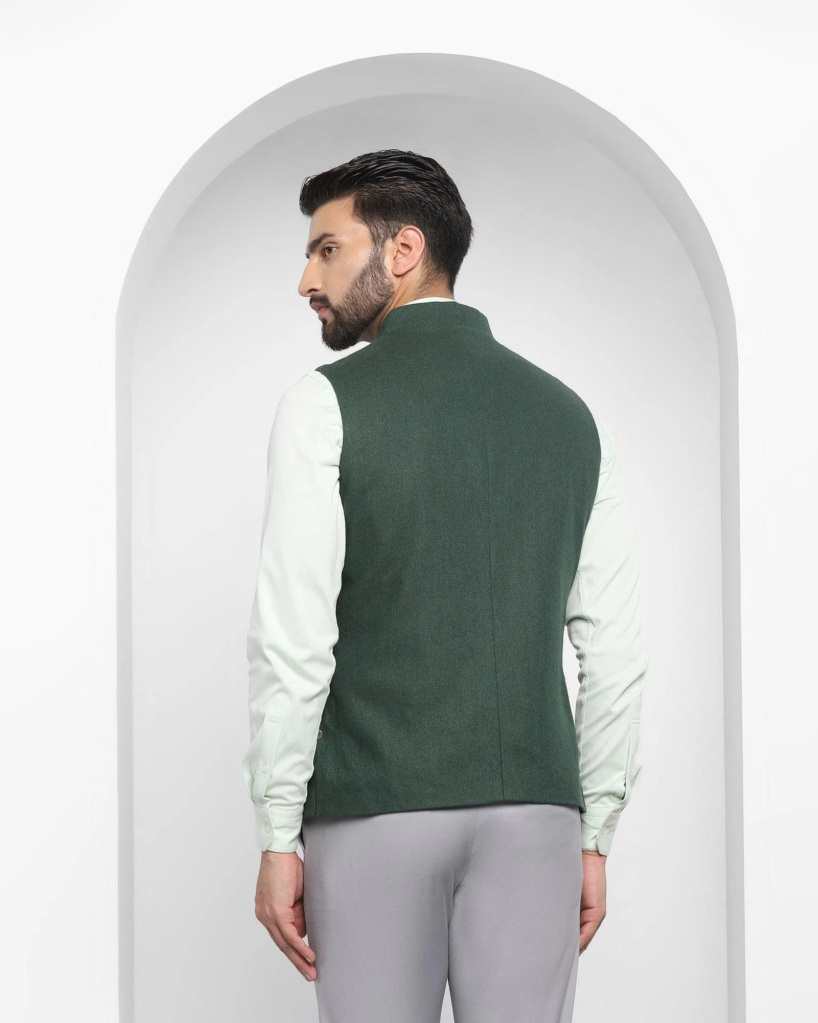 Dark Green Textured Bandhgala Casual Waistcoat - Hades