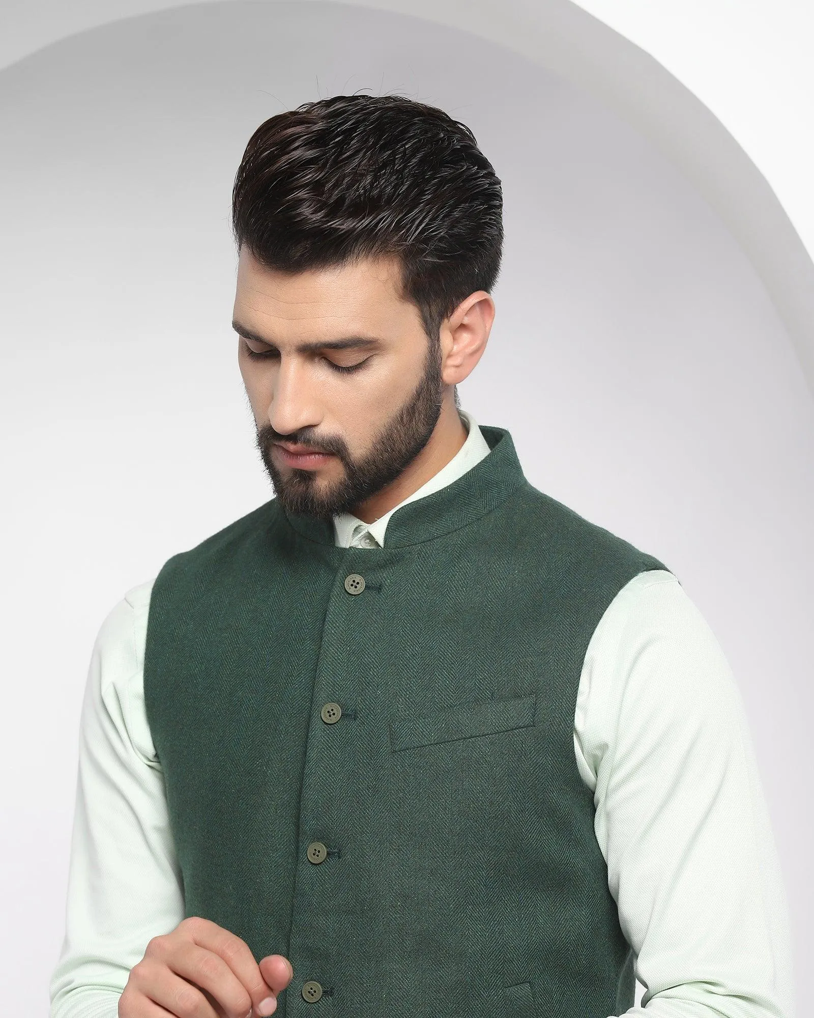 Dark Green Textured Bandhgala Casual Waistcoat - Hades