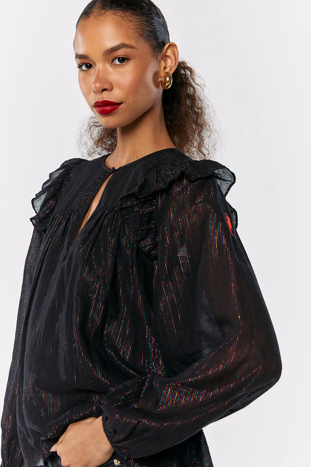 Black with Rainbow Lurex Frill Shoulder Blouse