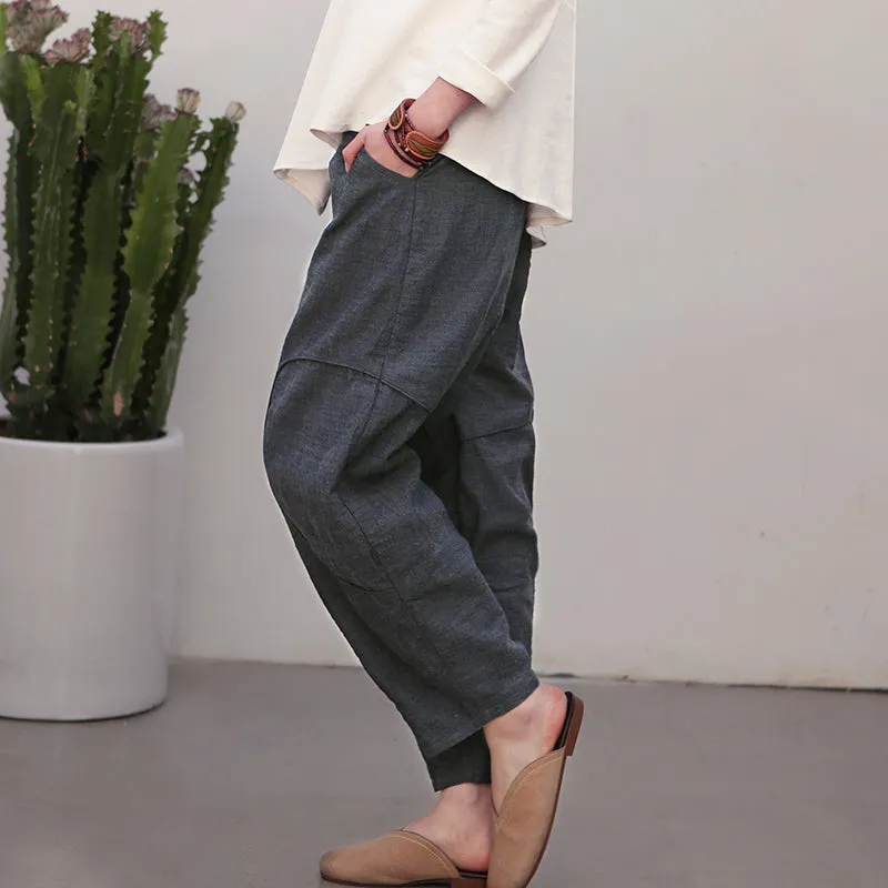 Black Women Casual Linen Cotton Wide Leg Pants BZ981106