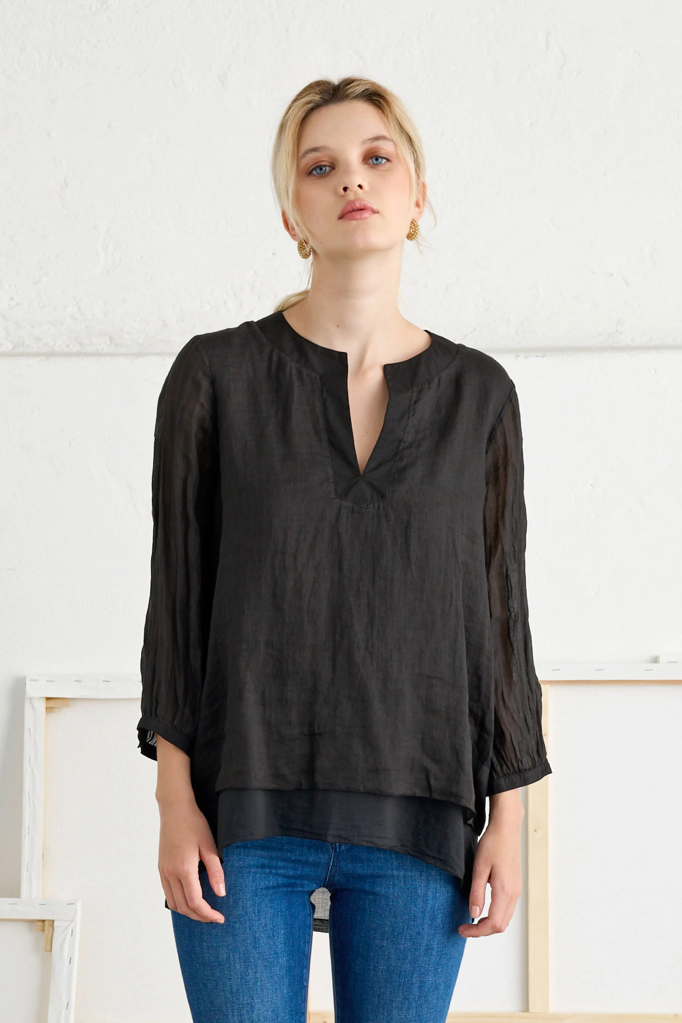 Blouse with 3/4 Sleeves in Ramié Garment-Dyed 38CU 7027