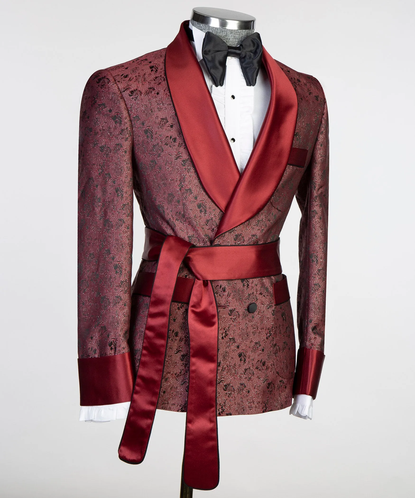 Burgundy Jacquard Belted Suit