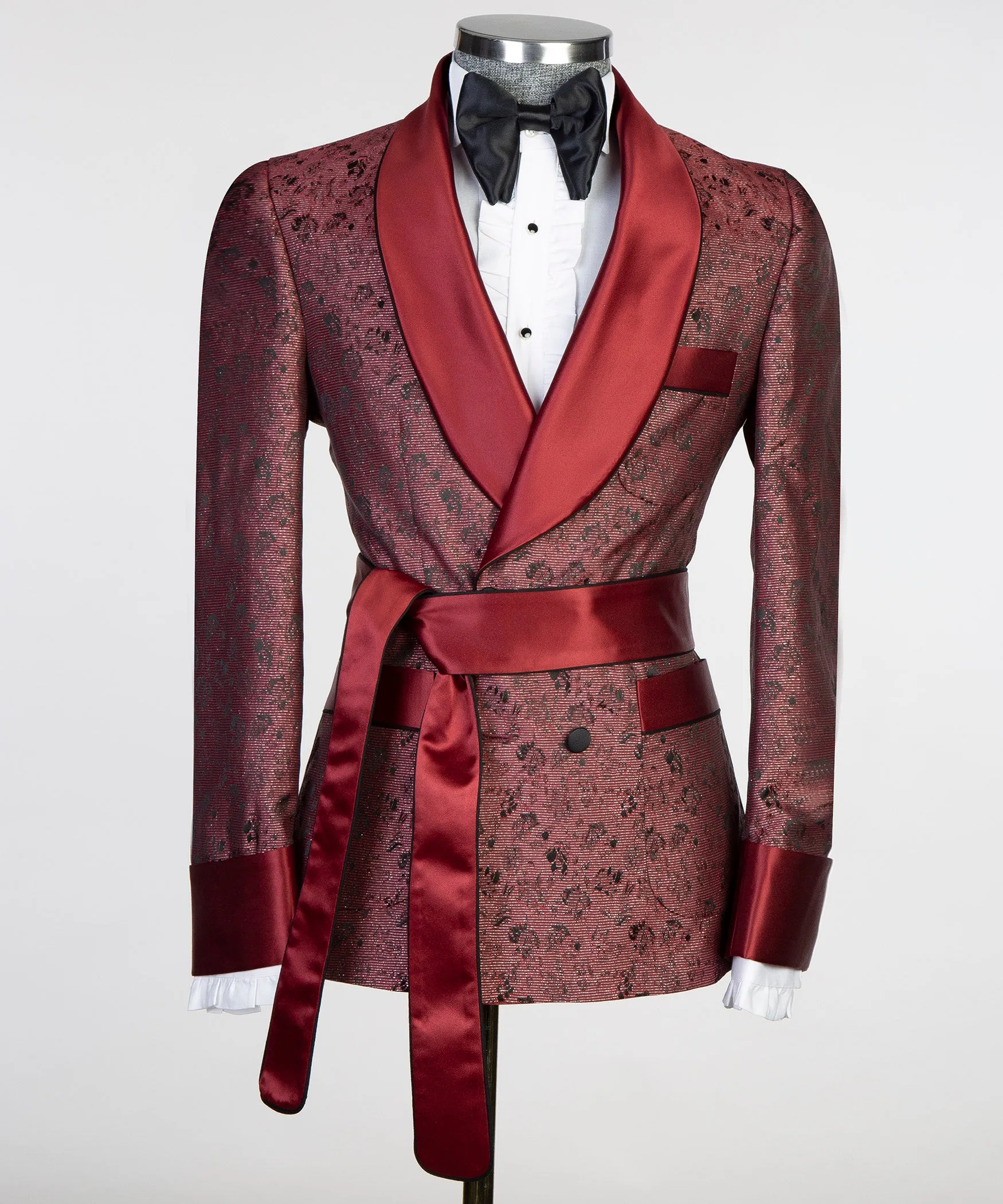 Burgundy Jacquard Belted Suit