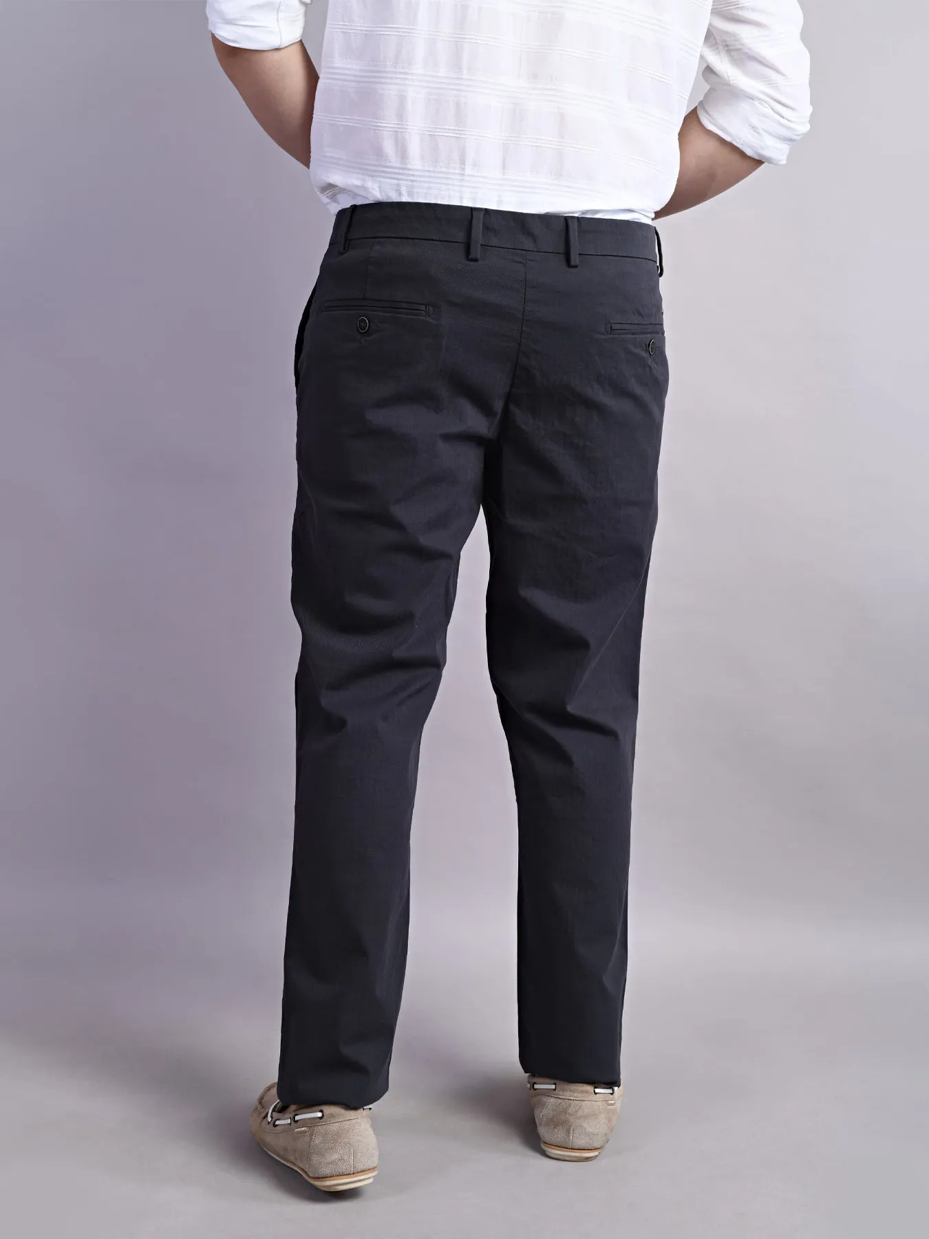 Cotton Stretch Dark Grey Plain Ultra Slim Fit Flat Front Casual Trouser