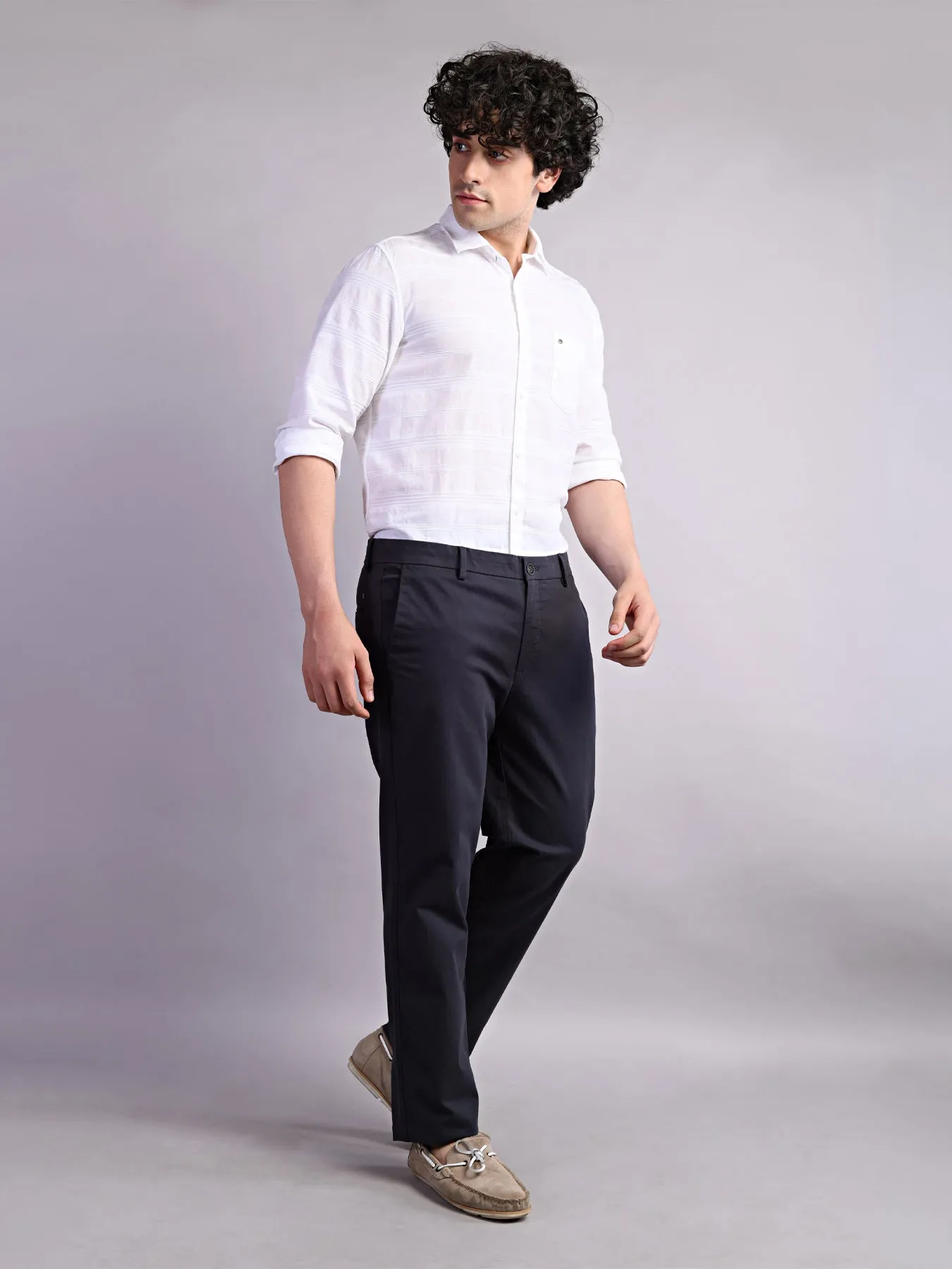 Cotton Stretch Dark Grey Plain Ultra Slim Fit Flat Front Casual Trouser