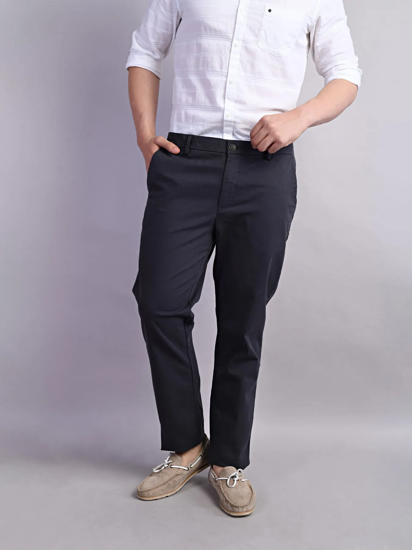 Cotton Stretch Dark Grey Plain Ultra Slim Fit Flat Front Casual Trouser