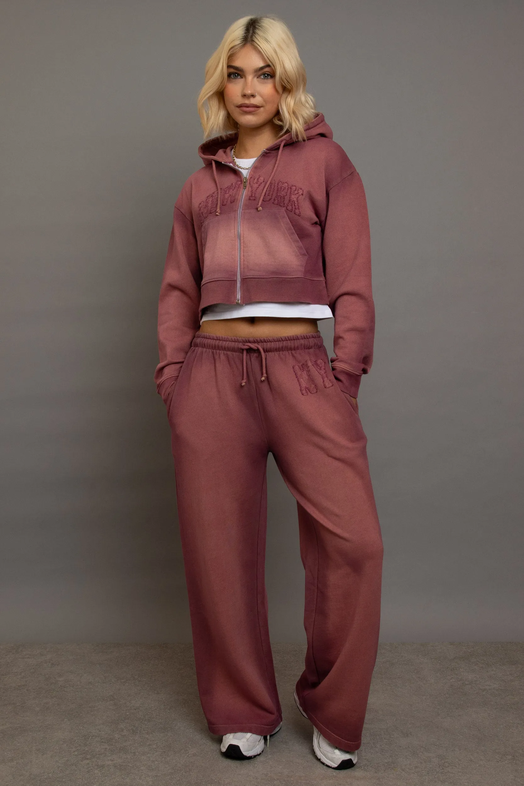 Daisy Street - Dark Pink Wide Leg Joggers with NY Applique