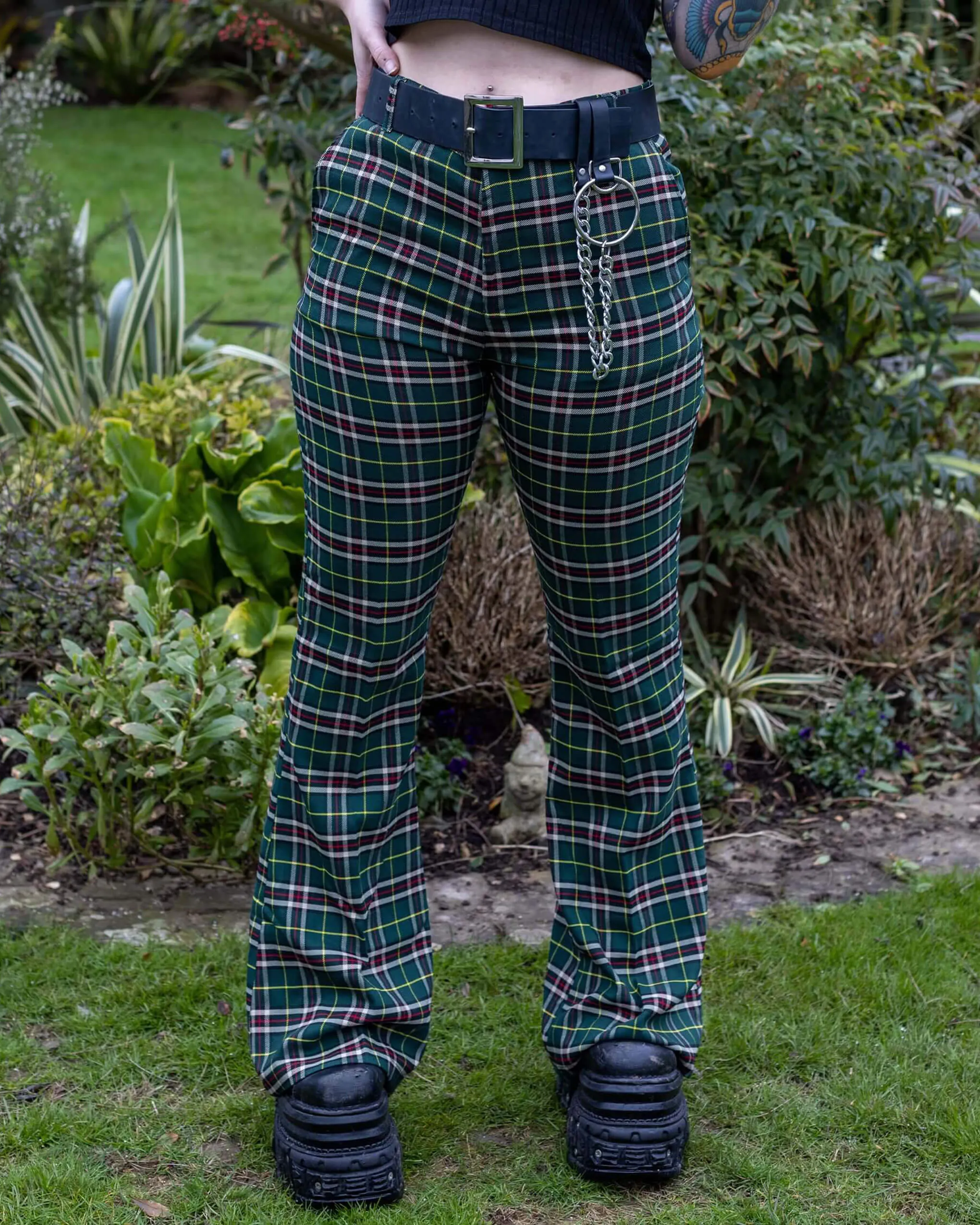 Green Tartan Plaid Bell Bottom Slacks