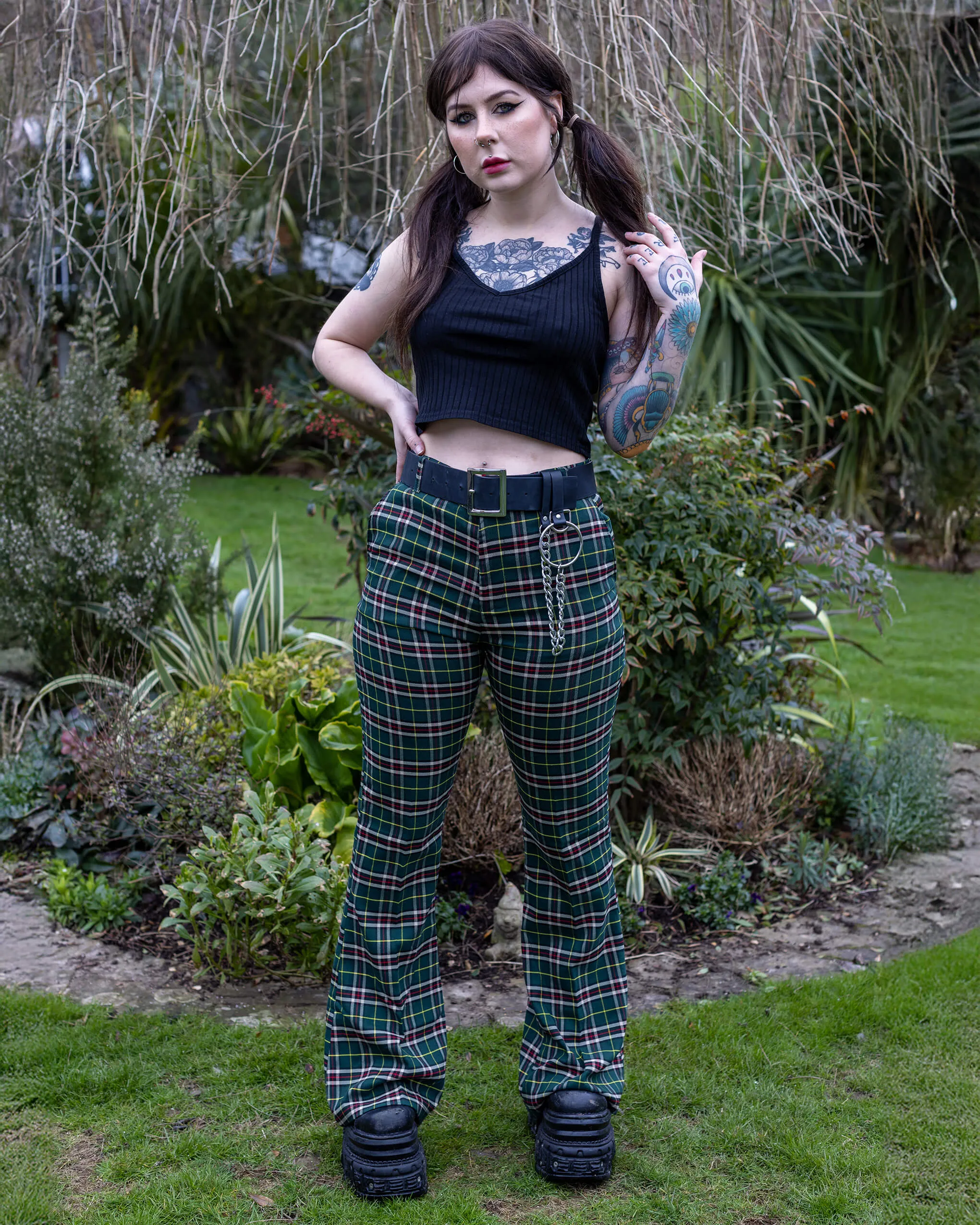 Green Tartan Plaid Bell Bottom Slacks