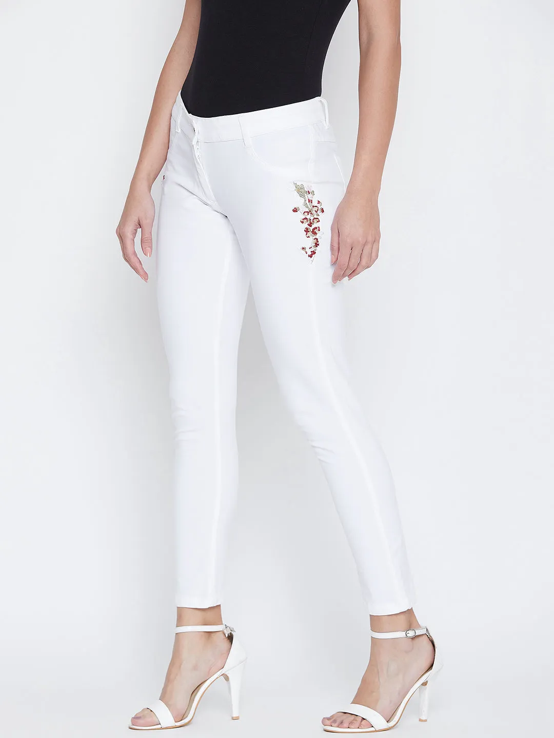 JUMP USA Women White Embroidered Skinny Fit Trousers