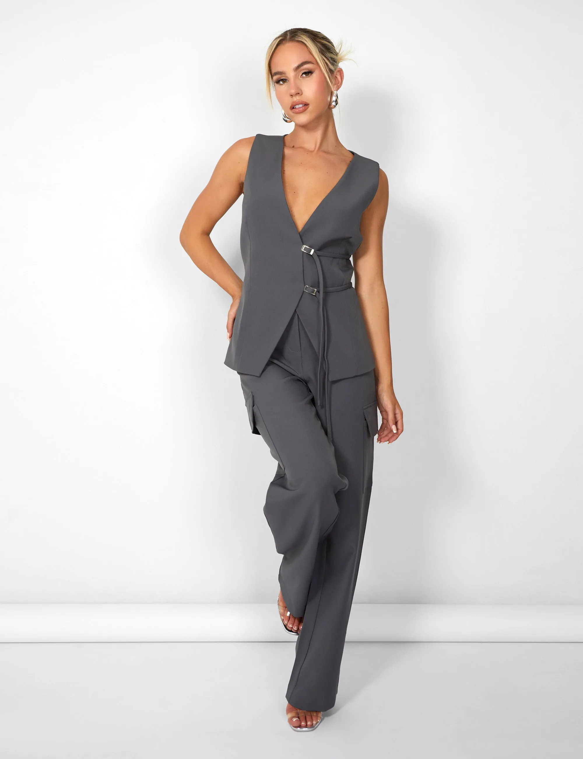 Kaiia Wide Leg Cargo Trousers in Charcoal Grey