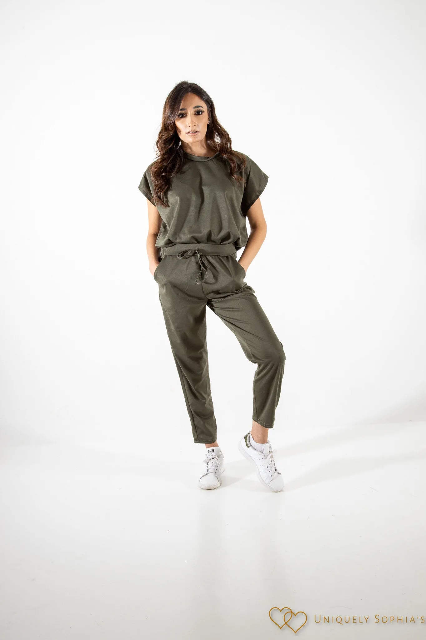 Khaki short sleeve boxy top and joggers