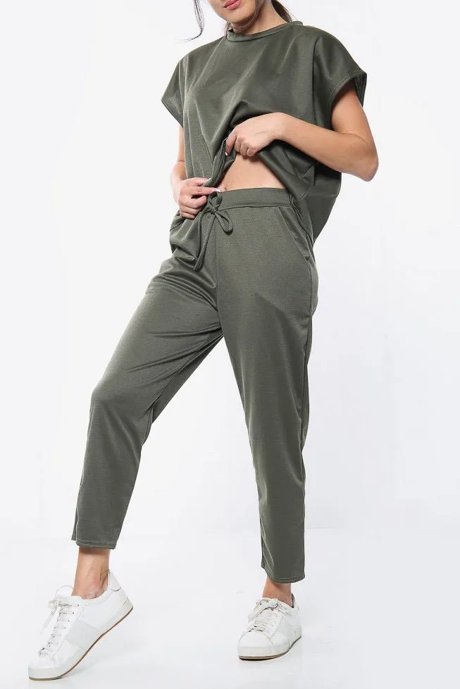 Khaki short sleeve boxy top and joggers