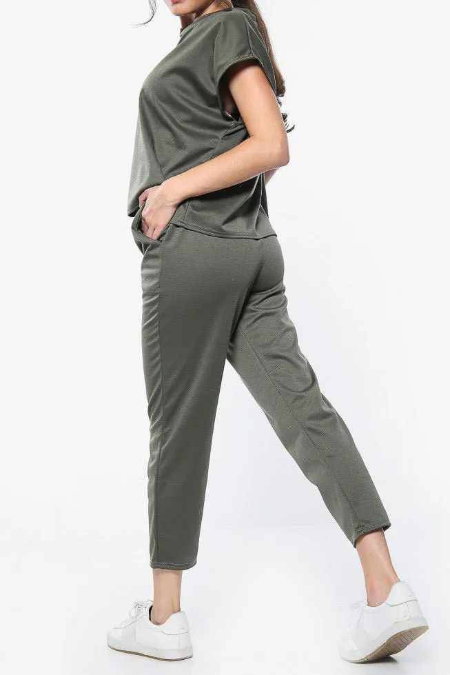 Khaki short sleeve boxy top and joggers