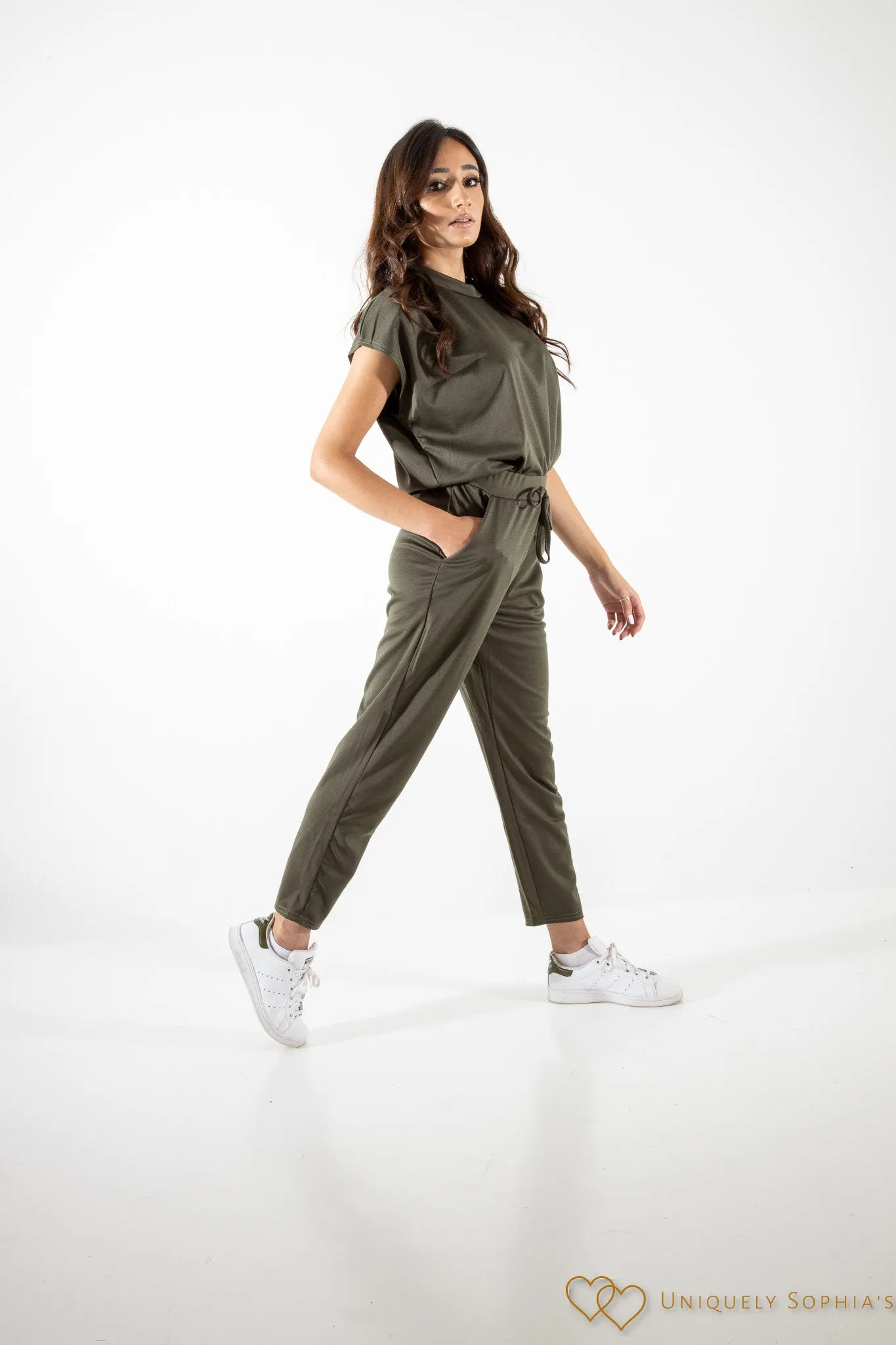 Khaki short sleeve boxy top and joggers