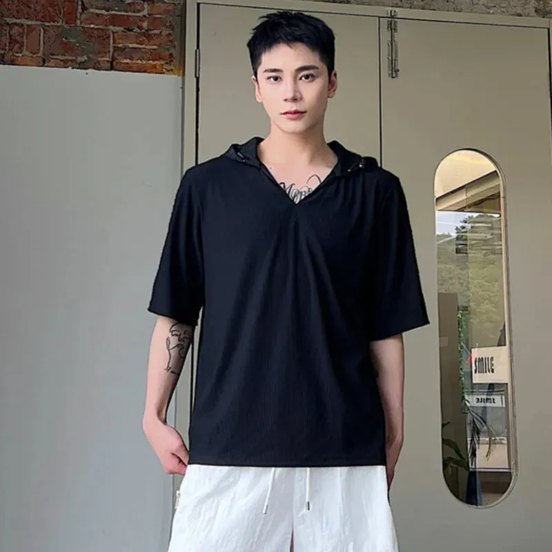 Korean Style Hooded Men's Tees Pullover Short Sleeve Loose Casual Male T-shirts Summer Chic Men Clothing 9C6192