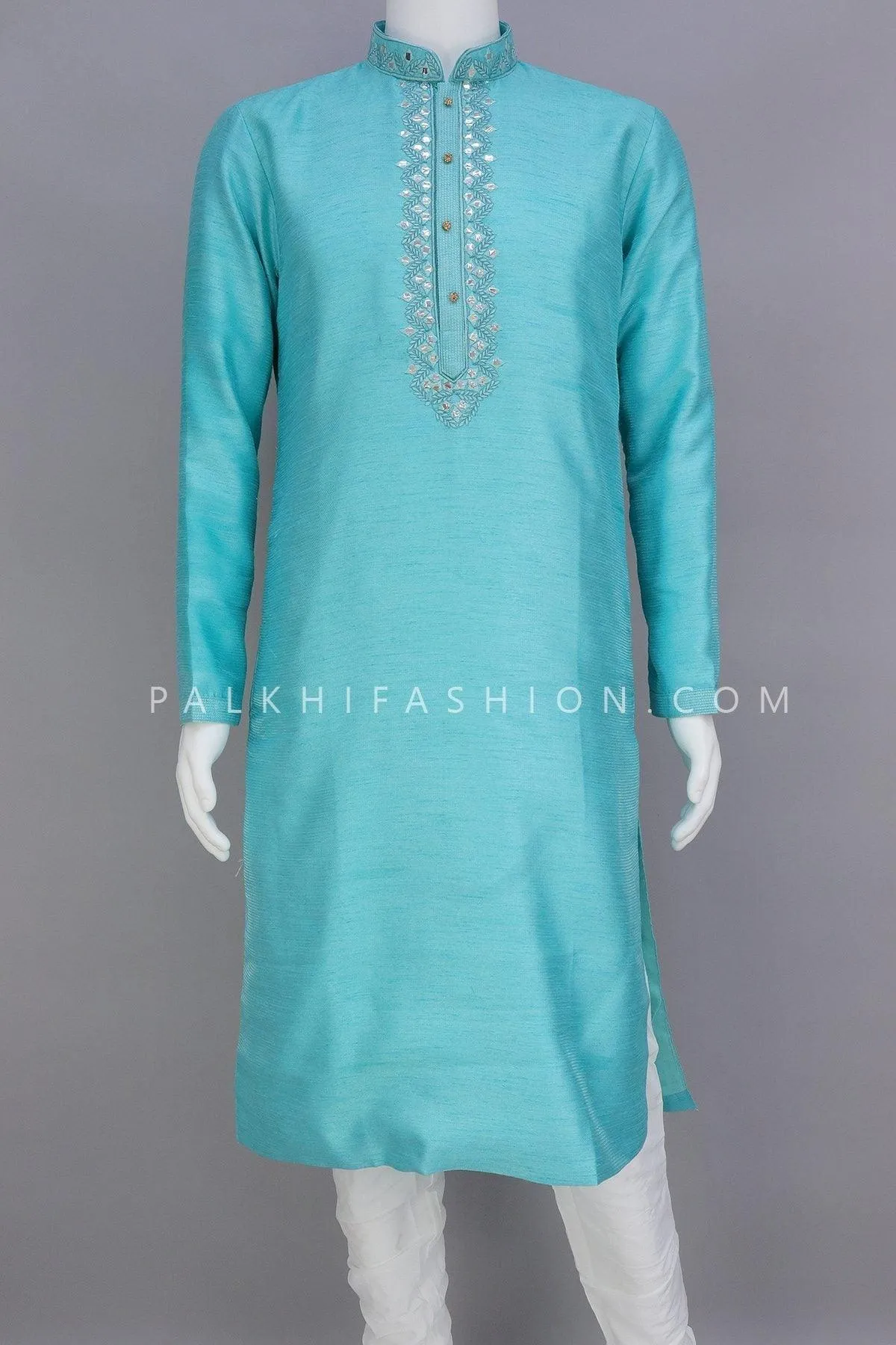 Light Blue Soft Raw Silk Kurta Pajama With Handwork