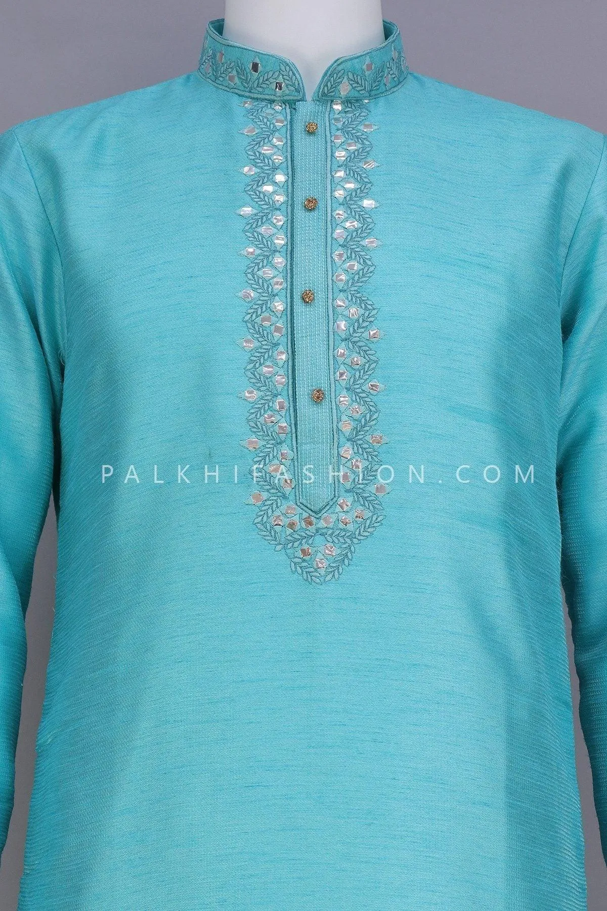 Light Blue Soft Raw Silk Kurta Pajama With Handwork