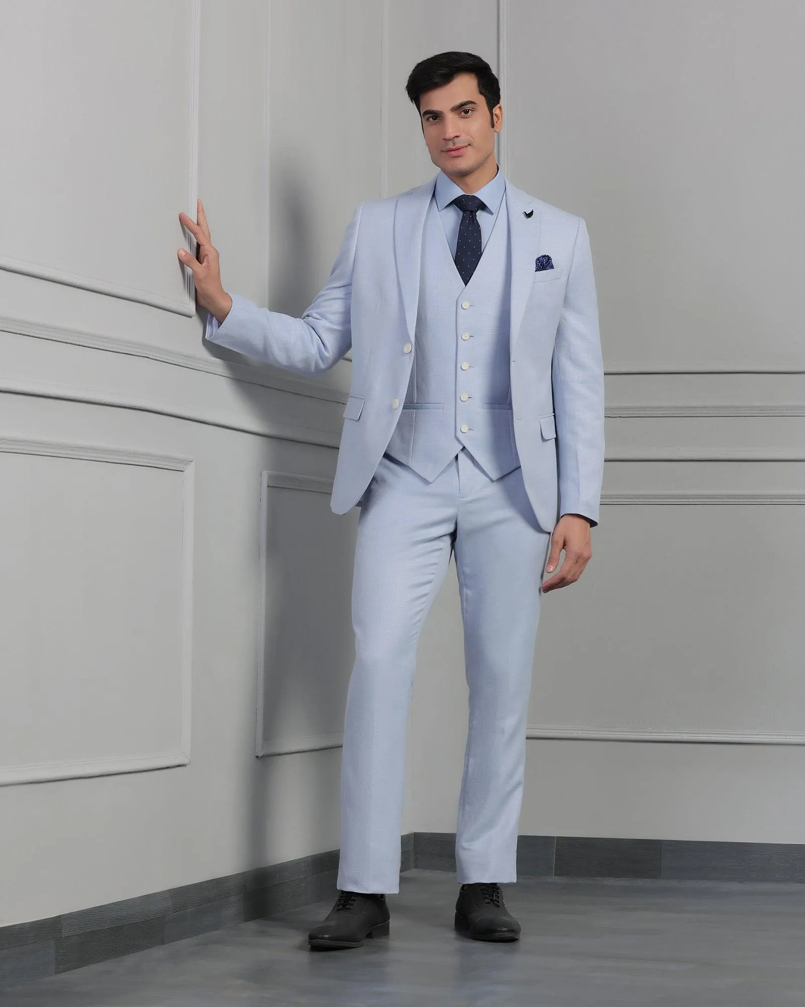 Linen Three Piece Light Blue Textured Formal Suit - Mineral