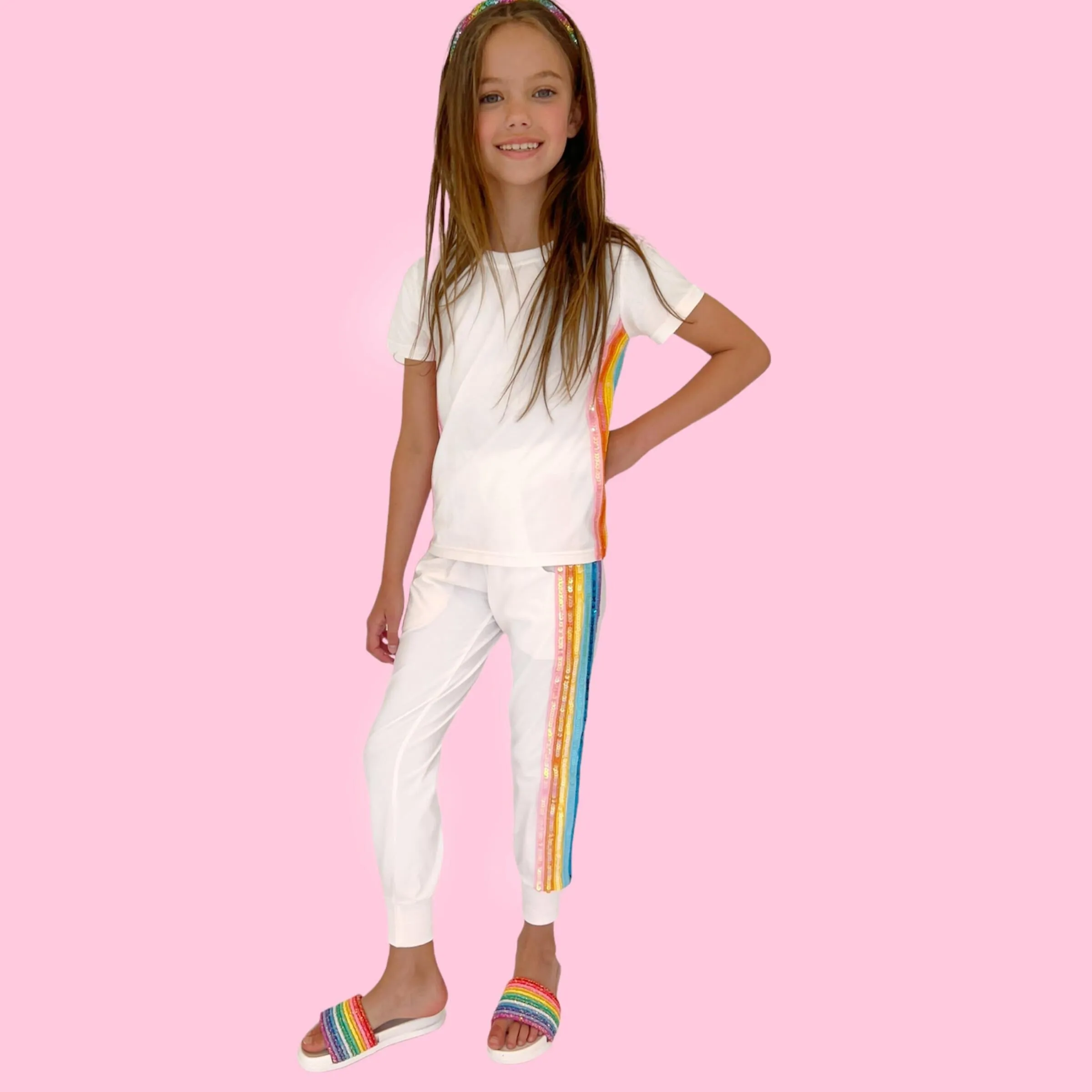 Lola and The Boys Rainbow Sequin Jogger Set - White