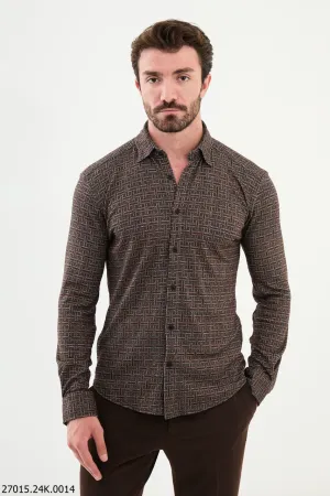 Men's Camel Checkered Long Sleeve Shirt.