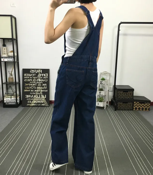 Navy Blue Denim Casual Spring Denim Overall Women Jumpsuits QY11