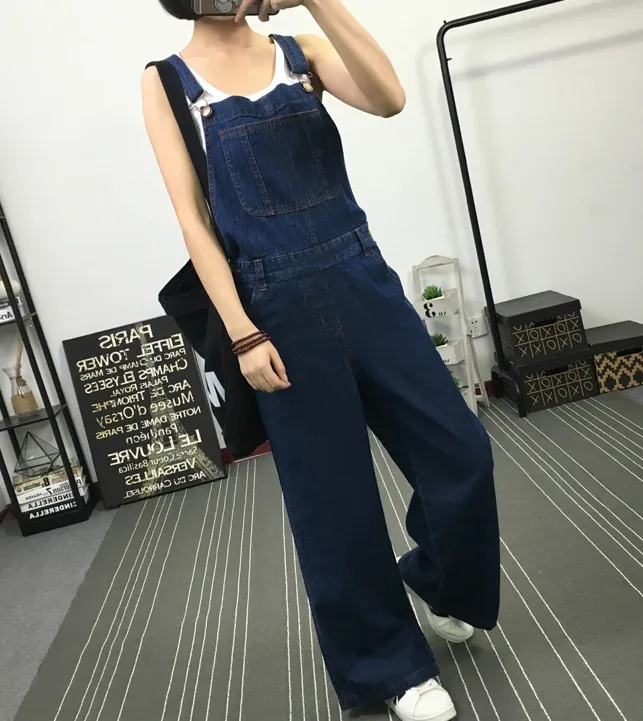 Navy Blue Denim Casual Spring Denim Overall Women Jumpsuits QY11