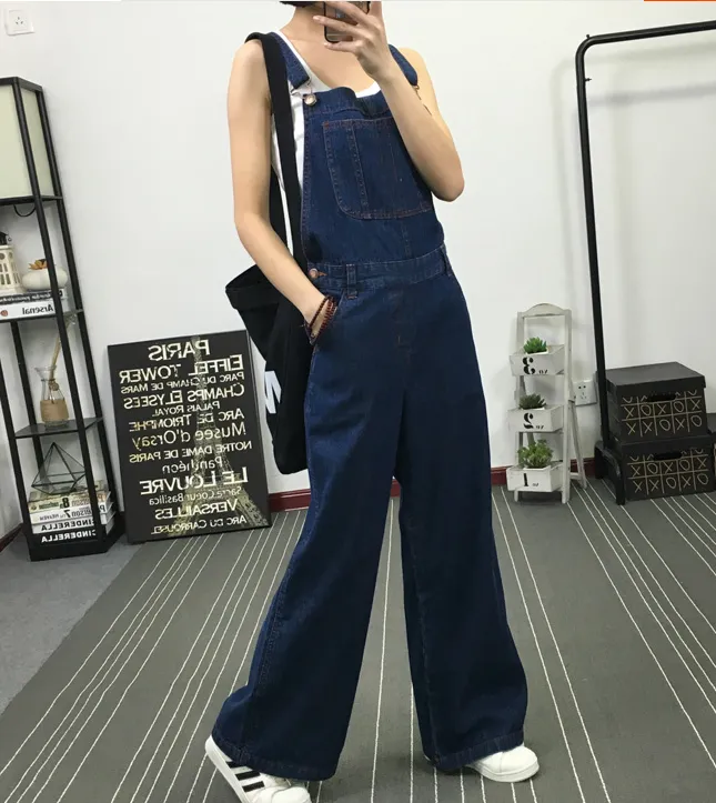 Navy Blue Denim Casual Spring Denim Overall Women Jumpsuits QY11