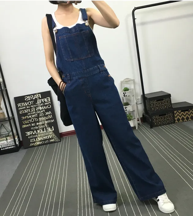 Navy Blue Denim Casual Spring Denim Overall Women Jumpsuits QY11