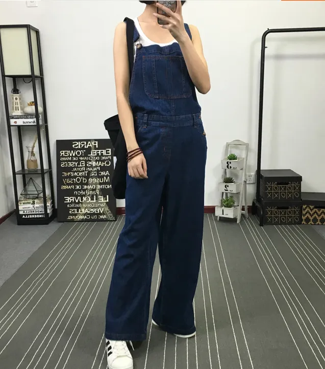 Navy Blue Denim Casual Spring Denim Overall Women Jumpsuits QY11