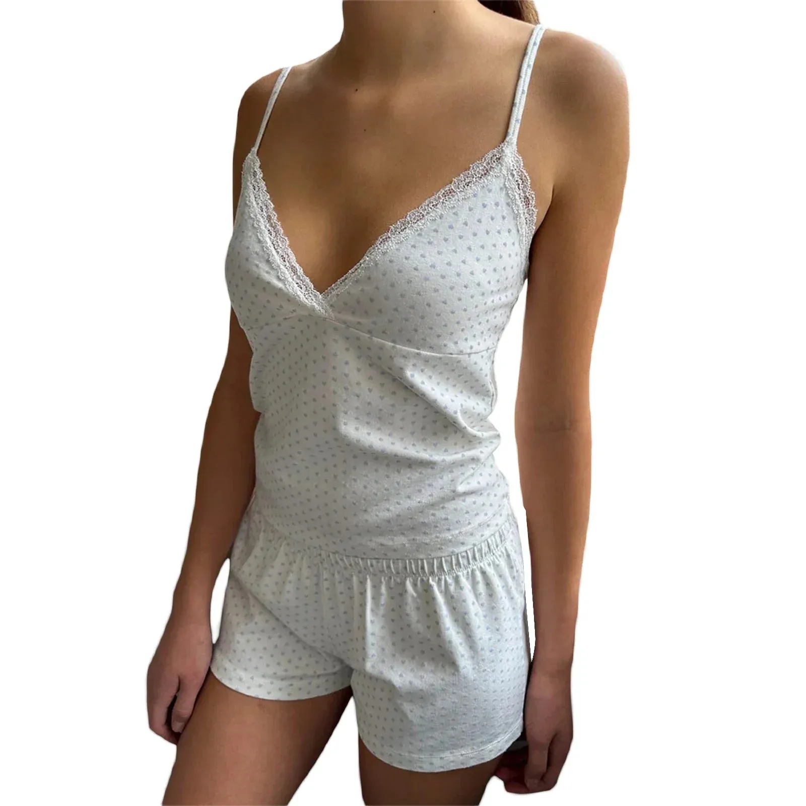 Print Camisole Tops Elastic Shorts Soft Loungewear Nightwear Heart Pajamas