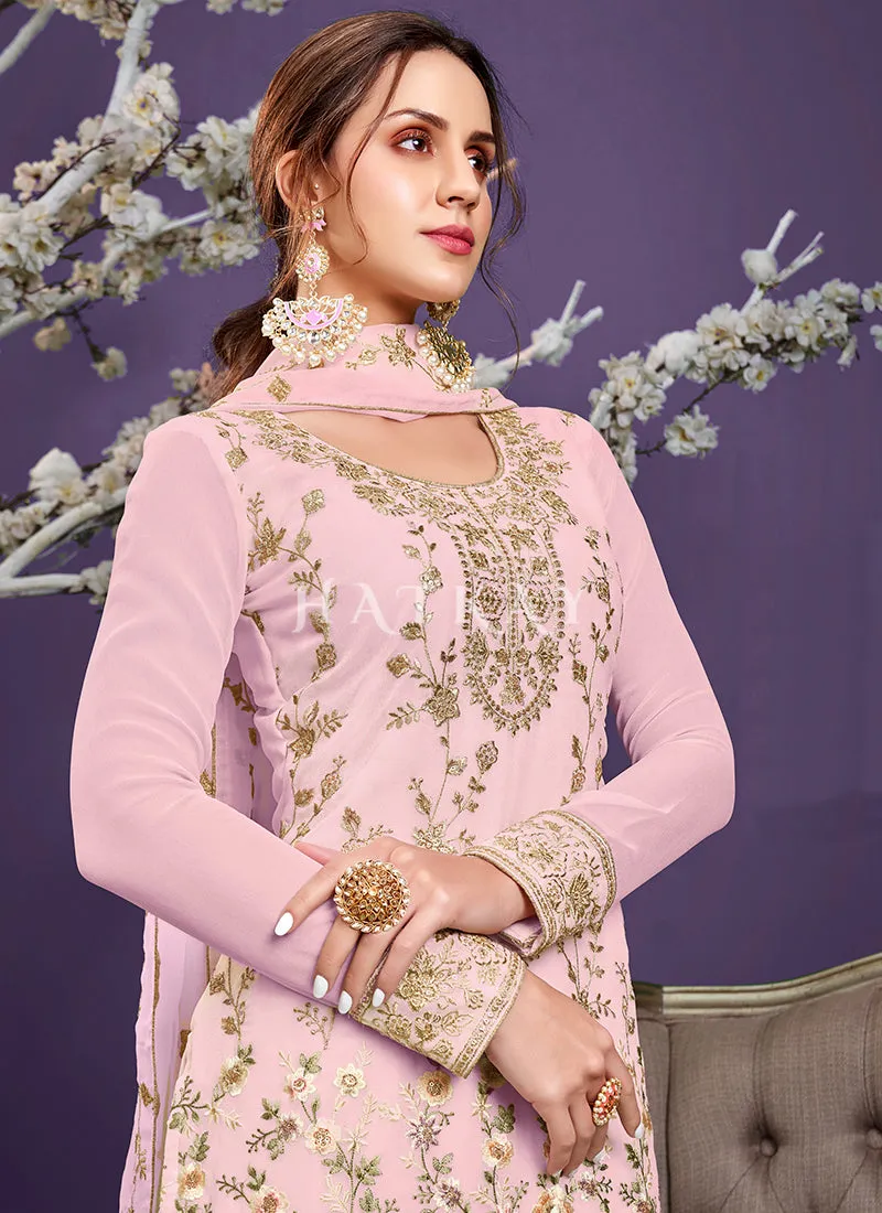 Soft Pink Sequence Embroidered Pant Suit