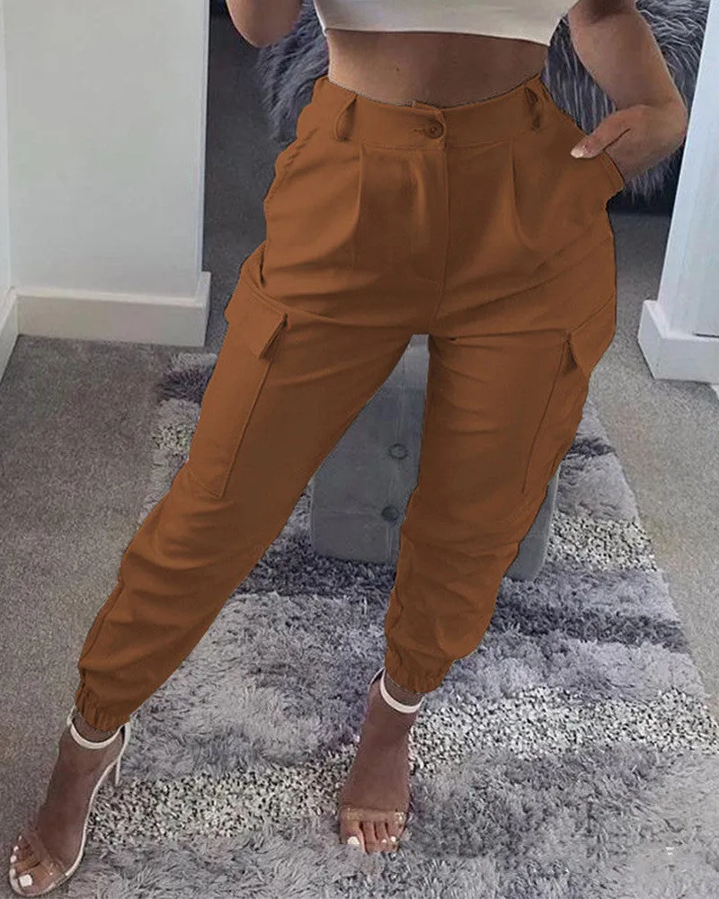 Solid Color Slim-fit Cargo Slacks Women