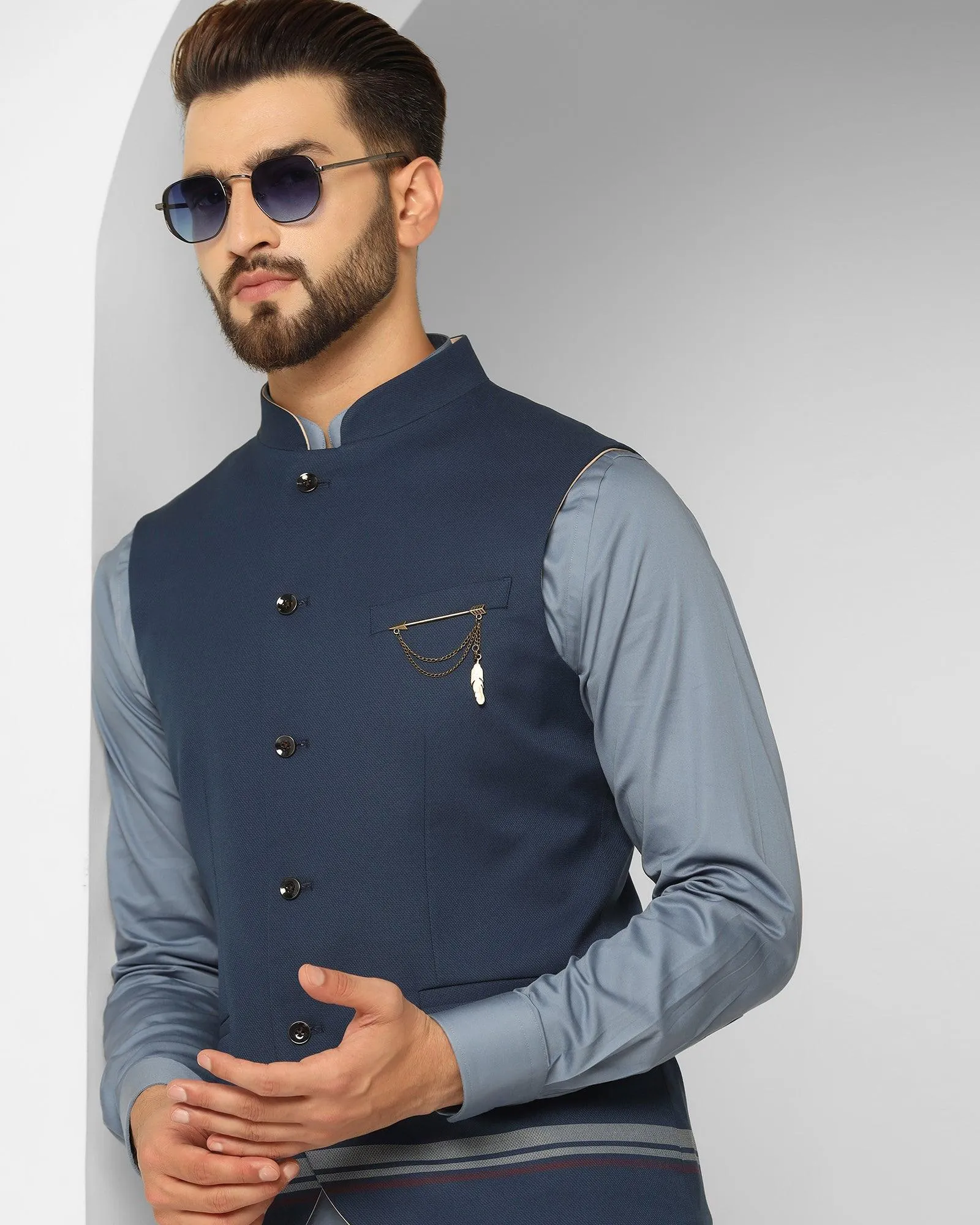 Swarn Three Piece Navy Solid Achkan Set - Enola