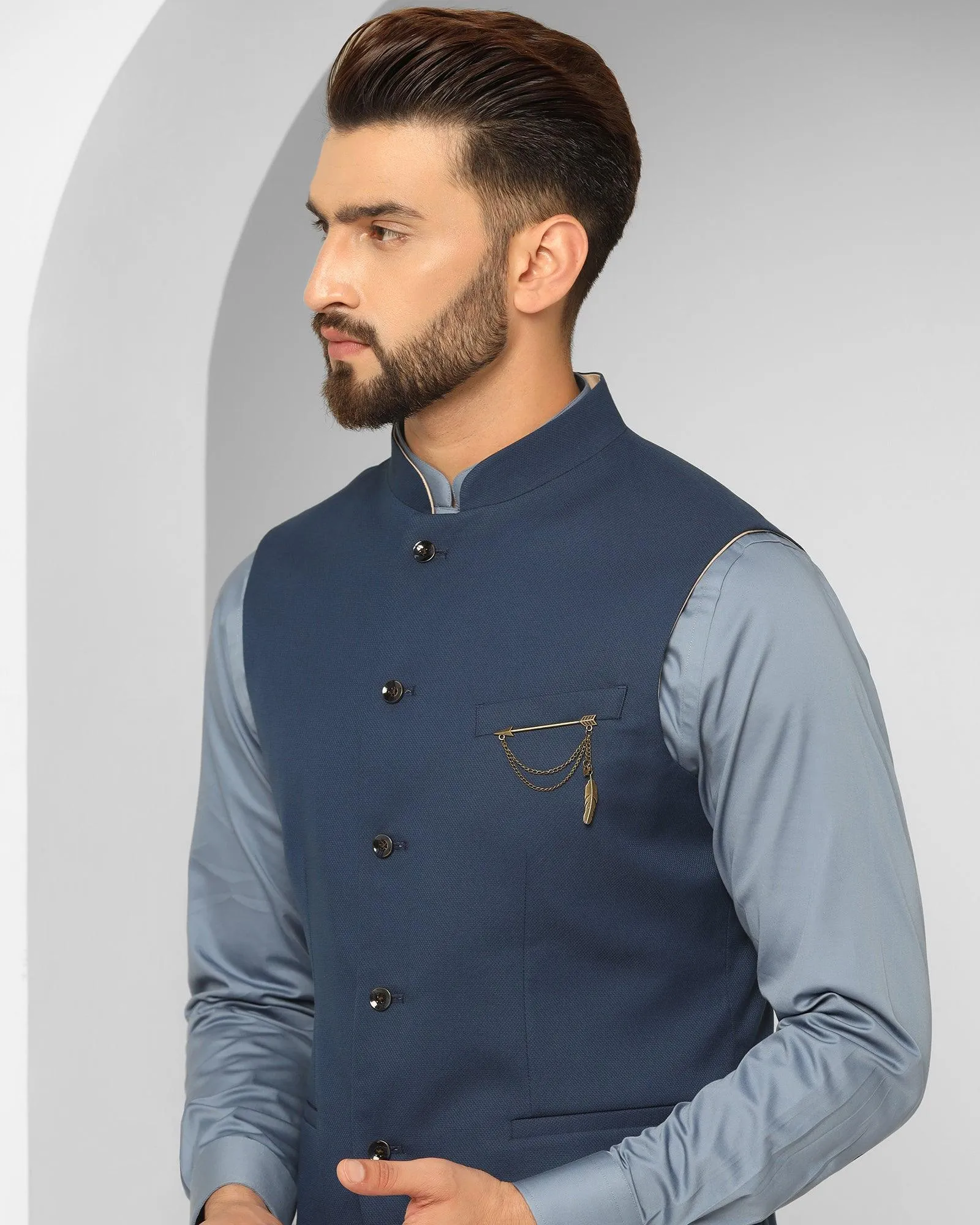 Swarn Three Piece Navy Solid Achkan Set - Enola