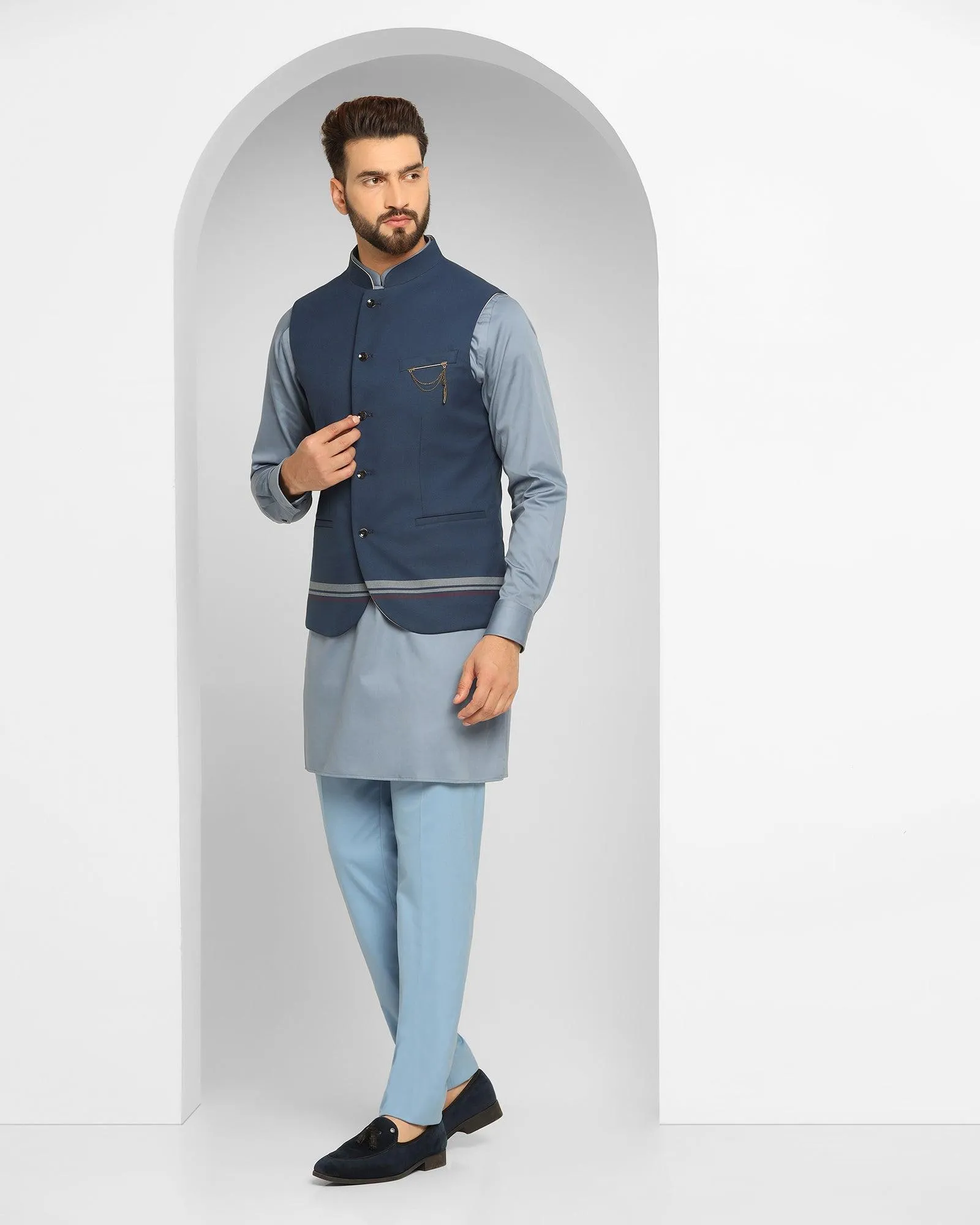 Swarn Three Piece Navy Solid Achkan Set - Enola