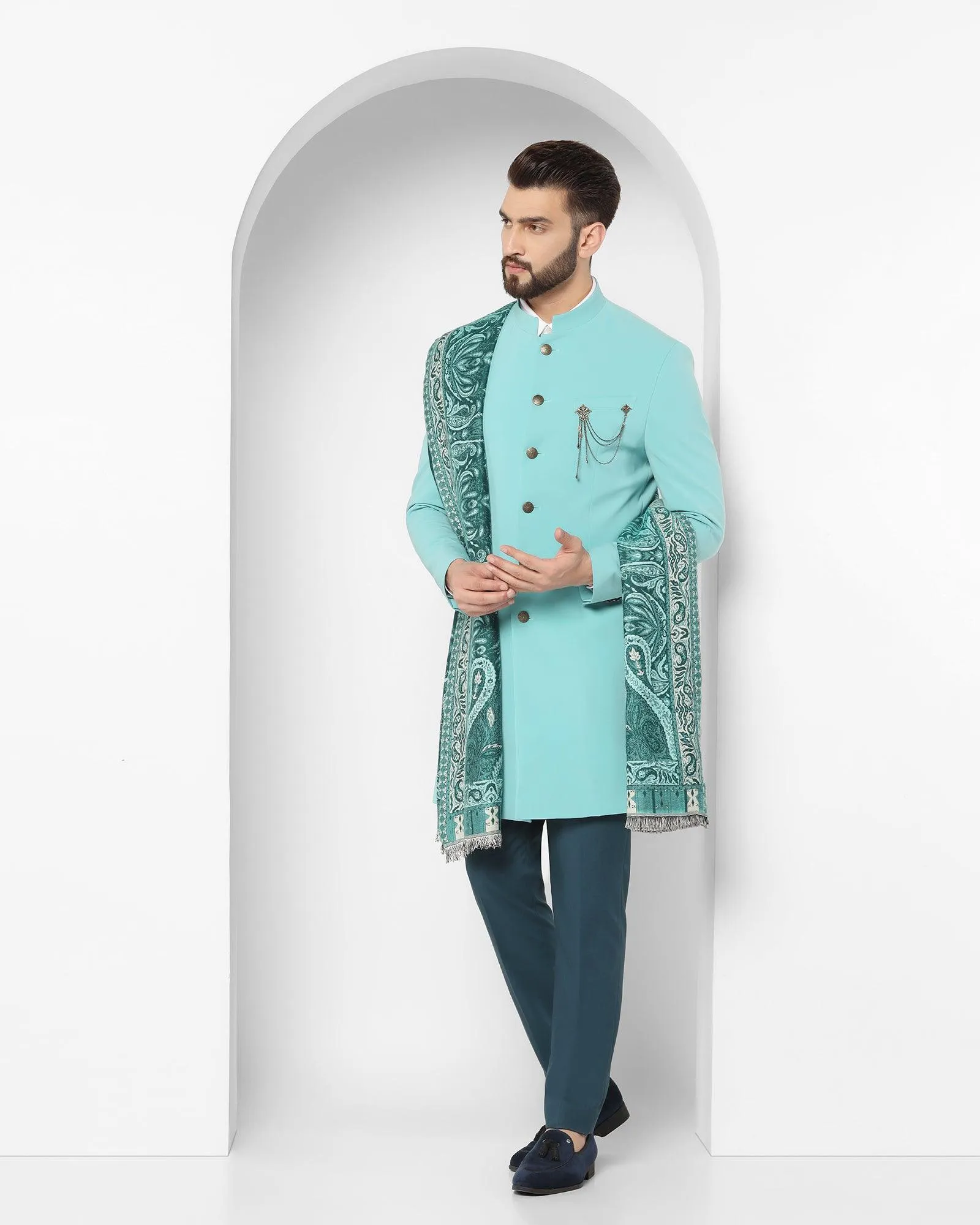 Swarn Two Piece Mint Solid Achkan Set - Richard