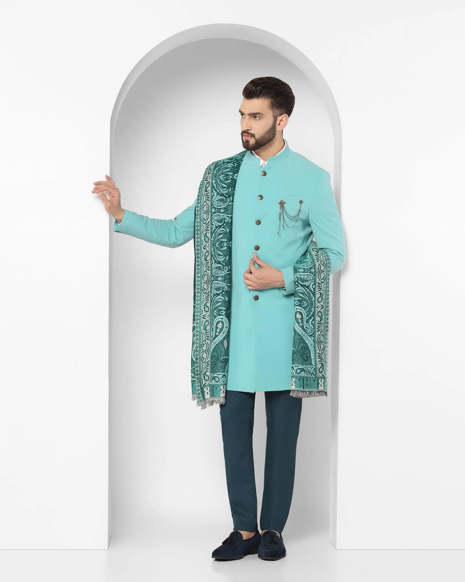 Swarn Two Piece Mint Solid Achkan Set - Richard