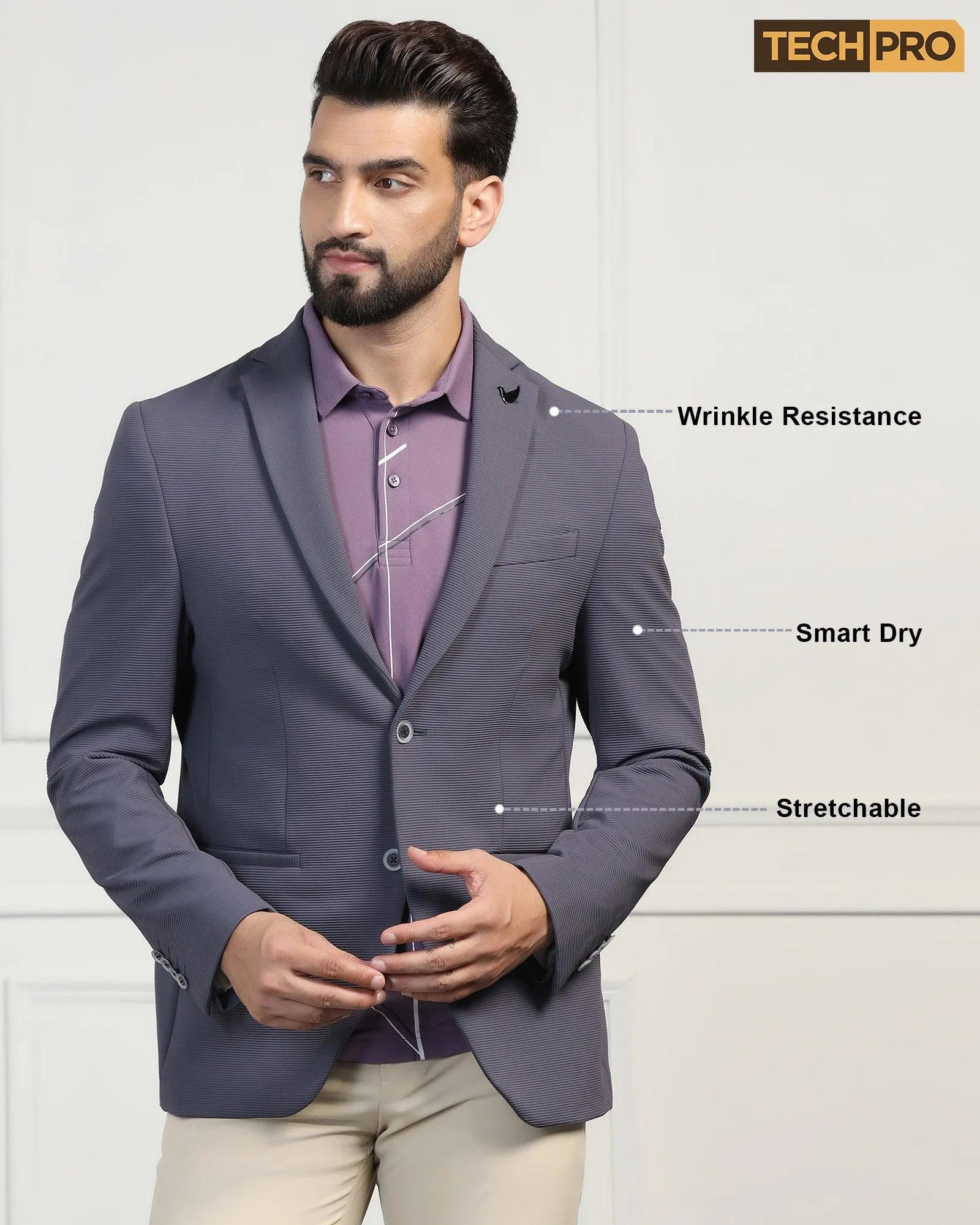 Elegant TechPro Formal Blazer with Grey Stripes - Fiesta Edition