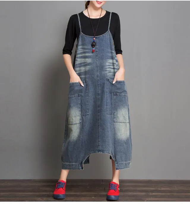 Two Ways Wear Casual Spring Denim Overall Women Jumpsuits Dress