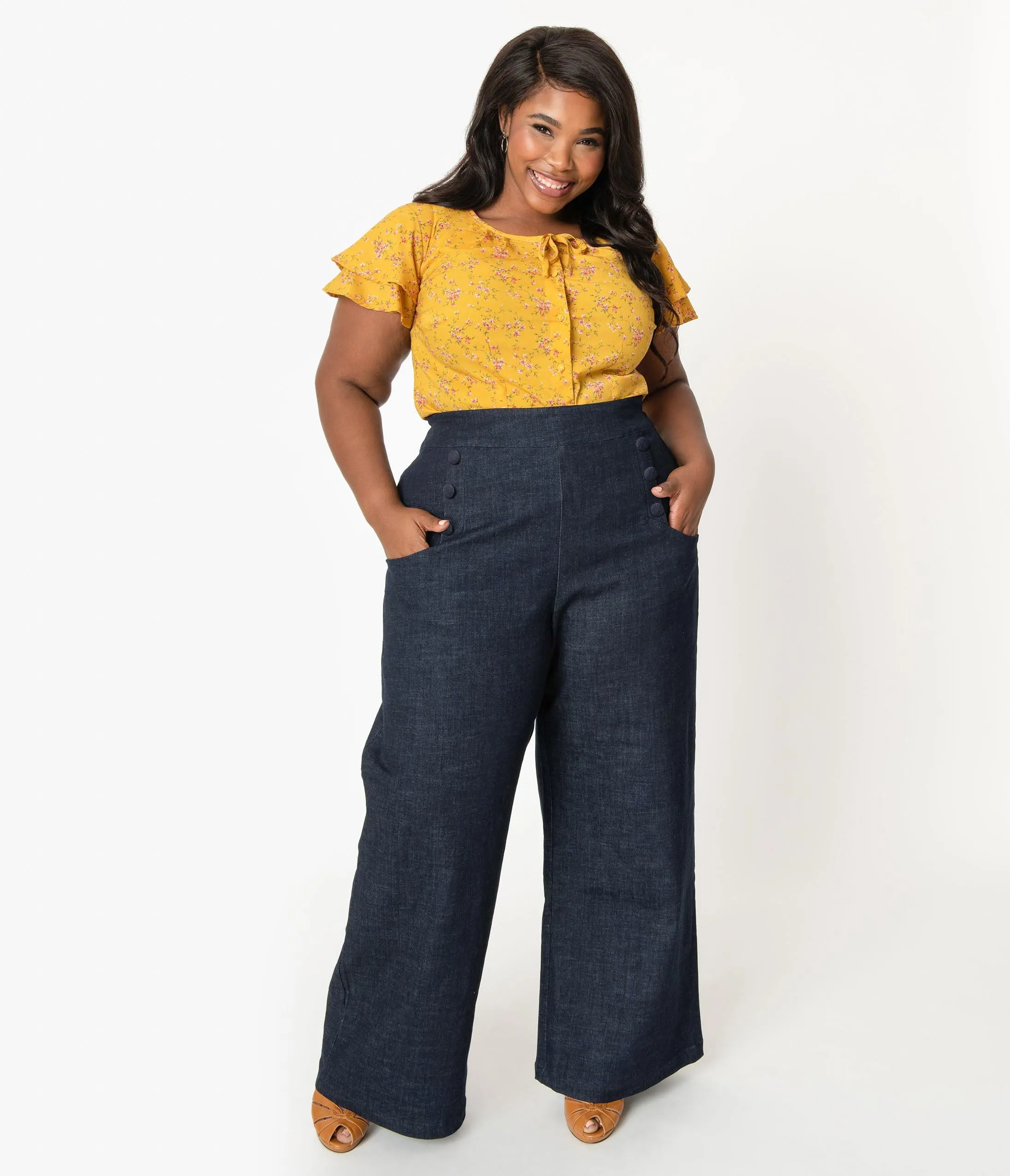 Unique Vintage Plus Size 1940s Style Blue Denim High Waist Ginger Pants