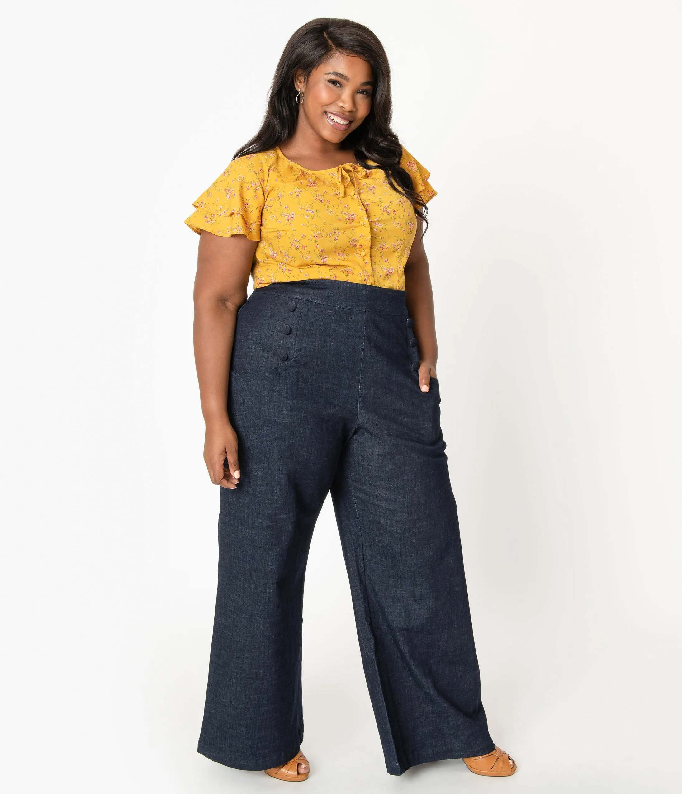 Unique Vintage Plus Size 1940s Style Blue Denim High Waist Ginger Pants