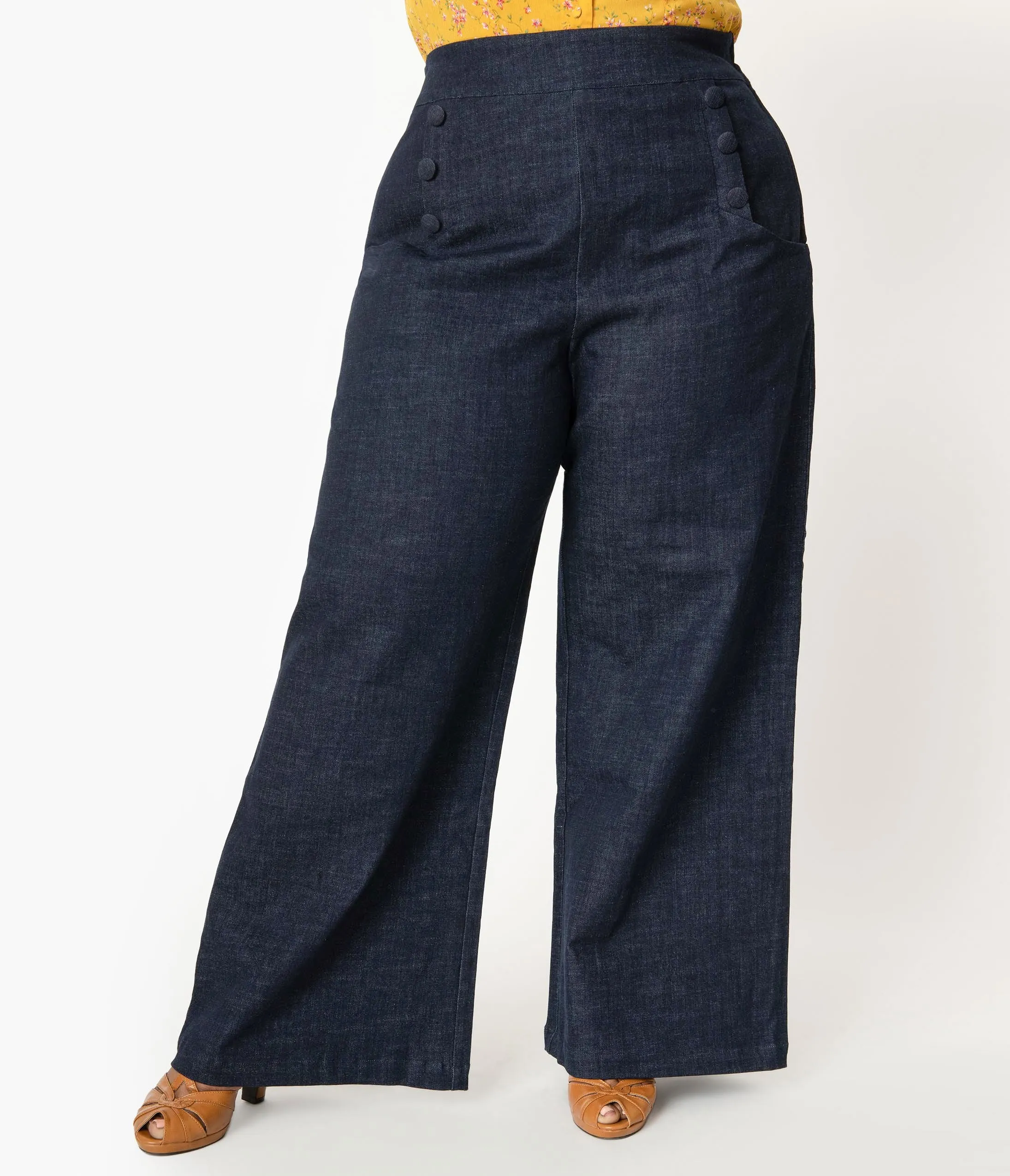 Unique Vintage Plus Size 1940s Style Blue Denim High Waist Ginger Pants