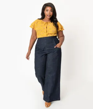 Unique Vintage Plus Size 1940s Style Blue Denim High Waist Ginger Pants