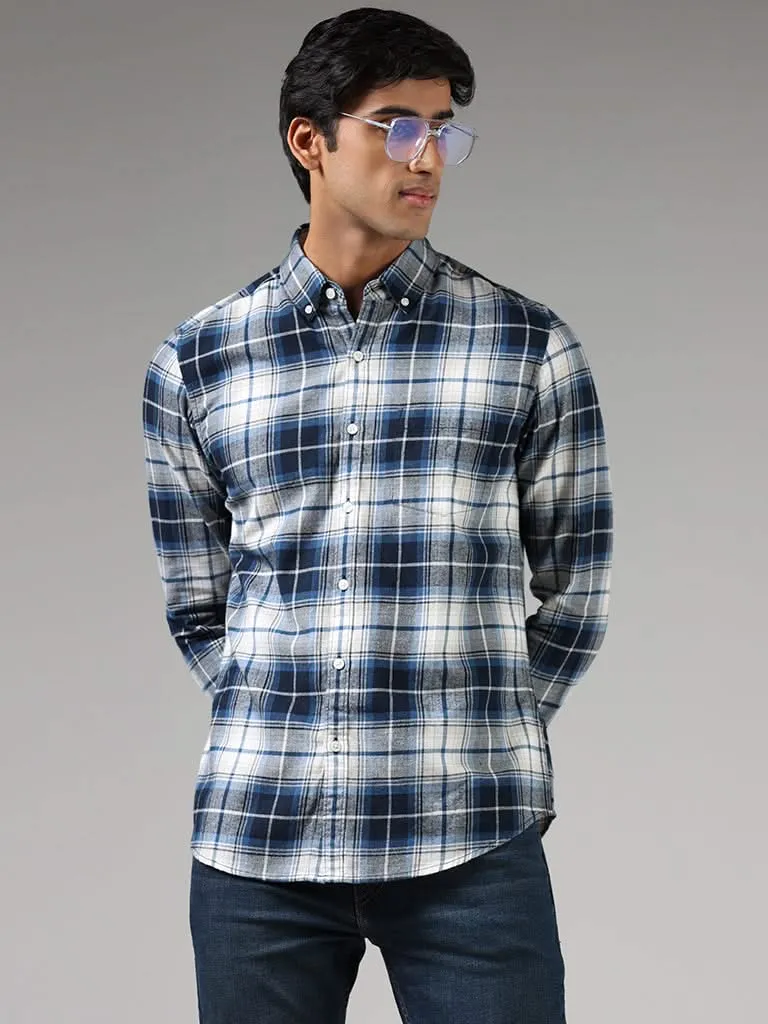 WES Casuals Blue Lindsay Checked Cotton Slim-Fit Shirt