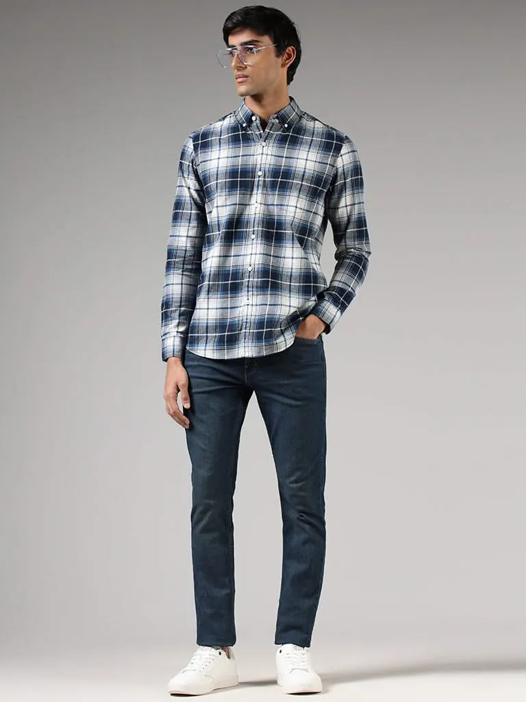 WES Casuals Blue Lindsay Checked Cotton Slim-Fit Shirt