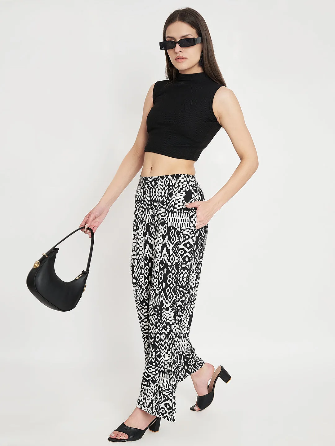 Women Abstract Printed Mid-Rise Flared Wide Leg Trouser